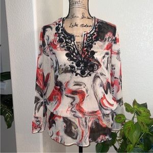CHICO'S Beaded Blouse Sz 1 (8-10) Red Black Ivory Blouson Side Tie Sheer Elegant